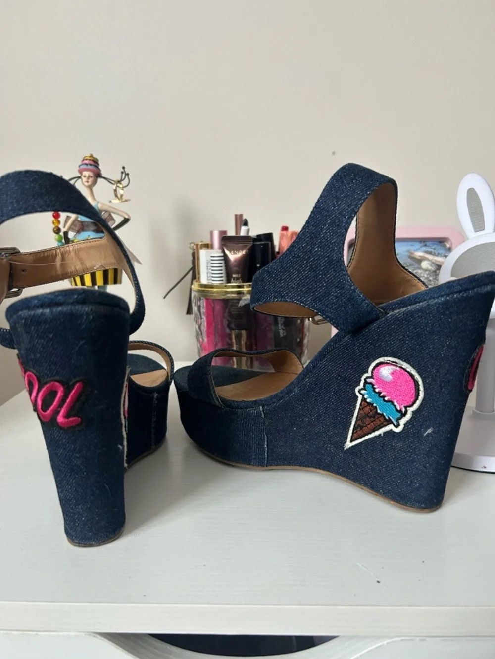 Denim Wedge Sandals with Rainbow & Heart Patches - Picture 6 of 7